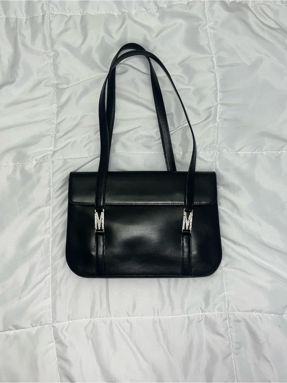 Vintage Moschino Black Leather Bag With Rhinestones Purse Authentic Accessory